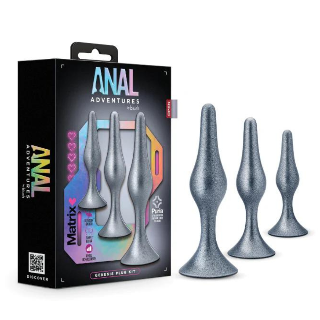 Anal Adventures Matrix By Blush® | The Genesis Plug Kit: 3 Progressing Smooth Tapered Butt Plug Kit in Stellar Silver | With Stayput™ Technology & AnchorTech™ Base