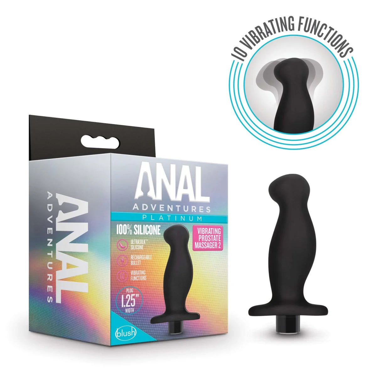 Anal Adventures Platinum By Blush® | Prostate Massager 02  Curved Black 4.25-Inch Vibrating Rechargeable Anal Plug