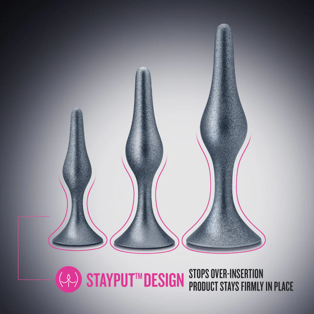 Anal Adventures Matrix By Blush® | The Genesis Plug Kit: 3 Progressing Smooth Tapered Butt Plug Kit in Stellar Silver | With Stayput™ Technology & AnchorTech™ Base